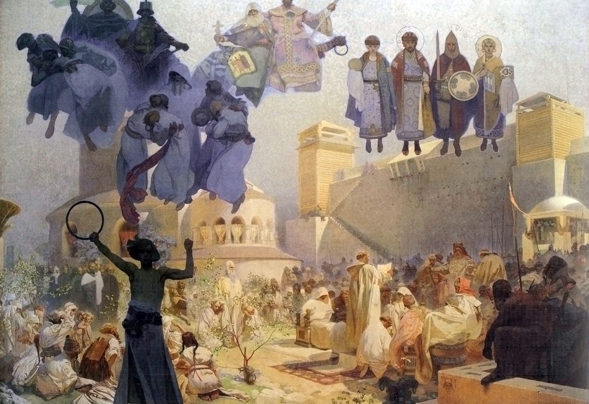 Alfons Mucha 1860 - 1939, 'Slawisches Epos' 1910 - 1928:
3 'Die Einführung der slawischen Liturgie' - 'Lobet den Herrn in eurer Muttersprache' 1912.
Eitempera und Öl auf Leinwand, 610 x 810 cm, unsigniert.
Nationalgalerie Prag, Jklamo 2011 commons.wikimedia