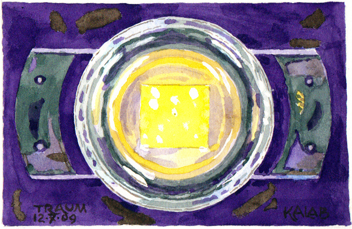 ‘Keukendroom’
Mandaladroom van keukenvoorwerpen
Het pannetje met de grepen representeert ‘het ronde’.
Midden in het water zwemt een geel ‘vierkant’ afwassponsje. 
Potlood en waterverf op aquarellpapier, A5. Kalab 2009