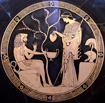 Heracles en Athena met boom
Tondo van Attische kylix, 480 - 470 BC, Vulci
Python (pottenbakker) en Douris (schilder)
Bibi Saint-Pol 	2007 wikipedia.org