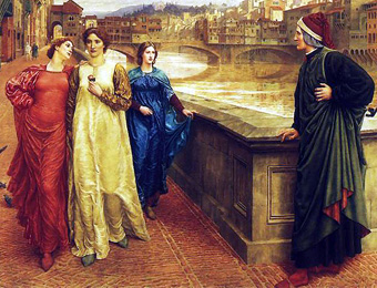 Henry Holiday 1839 - 1927
Dante ontmoet Beatrice aan de Ponte Santa Trinita, 1883 
‘Verlangend kijkt Dante naar Beatrice (midden) 
die met haar vriendin Vanna (rood) langs de Arno wandelt.’
Olie op doek, 140×199 cm. Walker Art Gallery
Husky 2006 wikimedia.org