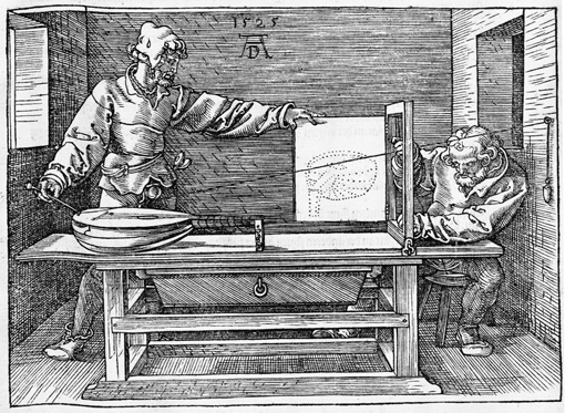 Albrecht Dürer 1471 - 1528
Centraalprojectie van een luit 1525
Uit ‘Underweysung der Messung, mit 
dem Zirckel und Richtscheyt, in 
Linien, Ebenen unnd gantzen corporen’
Catrin 2009 commons.wikimedia