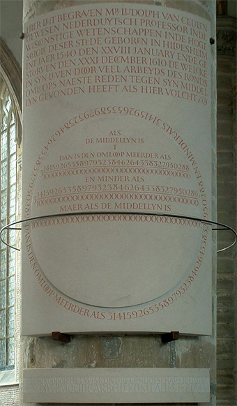 Monument voor Ludolf van Ceulen</i>, † 1610
Reconstructie, Pieterskerk, Leiden
Stichting Pieterskerk Leiden	
A.L. Boon 2009, commons.wikimedia