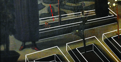 Gerard van de Rijp in zijn tuin, detail
Perkenstruikjes aangeduid met witte lijnen.
De rode stippenlijn in ‘Klaveren’ duidt de afwijking 
van de richting naar het linker vluchtpunt van het 
tweepuntperspectief aan. Kalab 2014