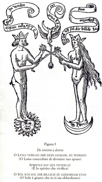 Rosarium Philosophorum, ca. 1550, figuur 3
„Het is de geest die leven geeft.”
„O Maan, gun mij u gemaal te worden.”
„O Zon, ik zal u oprecht gehoorzamen”
Pietro Negri 2012 commmons.wikimedia