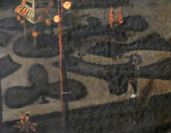 De linker perkenmandala speelt 
met de vier kleuren van het kaartenspel 
als symbolen van de vier standen.
Olie op doek, detail, laat 17e eeuw
Kalab 2013
