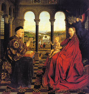 Jan van Eyck ca. 1390 - ca. 1441,
De Maagd van kanselier Rolin ca. 1435, 
olie op paneel 66 × 62 cm, 
Yorck Project, Directmedia, commons.wikimedia