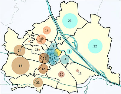 Der proportionale Versand der „Nachrichten” 
in Wiener Gemeindebezirken im September 1985 
deutet quantitative Beziehungen der Hietzinger 
Gemeinde zu anderen Bezirken und Gemeinden an 
und ihre soziale Struktur. Kalab 2015 
TUBS 2011 commons.wikimedia