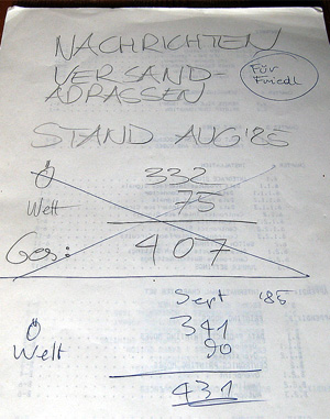 Titelblatt der Versandliste 
von August und September 1985
Kalab 2015