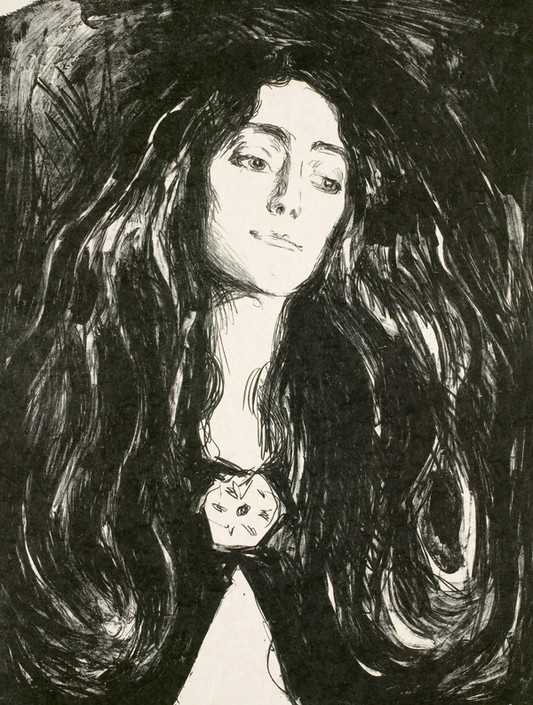 Edvard Munch 1863 - 1944
„Madonna mit Brosche”, Eva Mudocci, britische Geigerin, 1903
Lithographie: Kreide, Tusche und Kratzwerkzeuge, 76 × 53 cm
The Munch Museum, Oslo