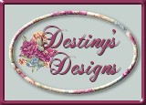 Destiny's Design Logo 1999. Obsolete by 2015.
An overal with a mulitcolored borders centers within
a horizontal recktangle with a thin metalic frame. 
At the left in the oval is a colorful bouquet.
Over it curl the kapital 'D's' of 
the dark pink words 'Destiny's Designs'.