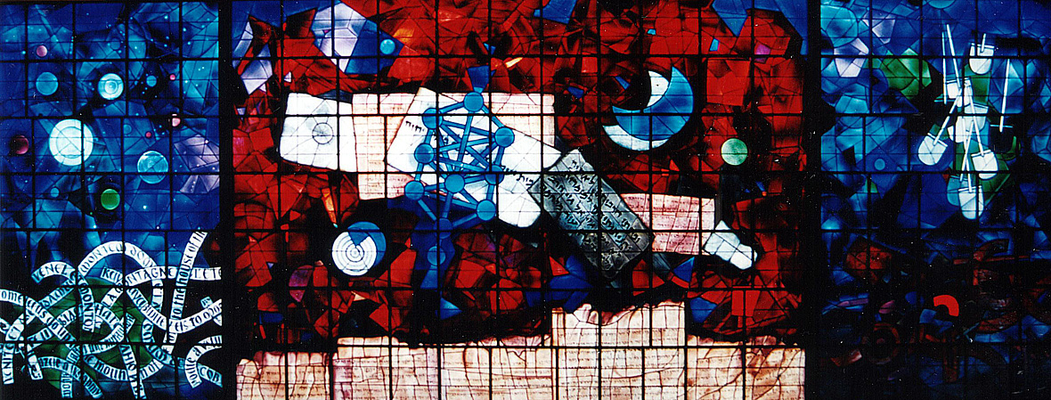 Mordecai Ardon מרדכי ארדון, born Max Bronstein, 1896 - 1992
„The Ardon Windows” 1984, stained glass, 16.6 x 6 m
The Jewish National and University Library, Givat Ram campus, Jerusalem
„And many people shall go and say, Come ye, and let us go up to the mountain of the LORD, to the house of the God of Jacob; and he will teach us of his ways, and we will walk in his paths: for out of Zion shall go forth the law, and the word of the LORD from Jerusalem. And he shall judge among the nations, and shall rebuke many people: and they shall beat their swords into plowshares, and their spears into pruninghooks: nation shall not lift up sword against nation, neither shall they learn war any more.” Isaiah 2:3-4 (KJV)
Left panel: Scrolls as paths of many nations to Jerusalem; Isiah's prophecy in many languages and alphabets. Central panel: The ancient Dead Sea Qumran scroll of Isaiah as Jerusalem's wall below. Above, a piece of parchment with the words 'and they shall beat their swords into ploughshares' and the blue Tree of Sefirot, the attributes of God, from the Kabbalah, and the circle within a circle from the mystical Book of Zohar. Right panel: The prophecy fulfilled, fragmented weapons have been beaten into farming implements, floating in the skies of peace. (A. Guildine ed., The Ardon Windows, The Jewish National and University Library, Givat Ram, Hamakor Jerusalem 1985.) Photo Kalab 1995