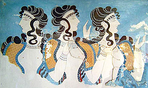 Minoisches Fresko mit drei Frauen. 
Möglich Königinnen oder Priesterinnen darstellend.
Tempel auf Knossos, ca. 1700 v. Chr. 
Bildquelle: Hardwigg 2011 commons.wikimedia