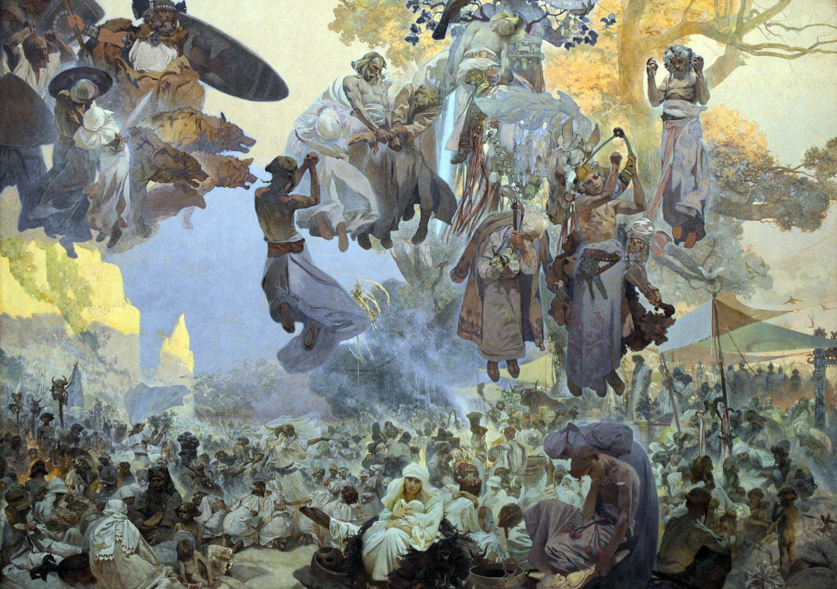 Alfons Mucha 1860 - 1939, Slavisch Epos 1910 - 1928
2 De viering van Svantovit op Rügen - Wanneer goden oorlog voeren, is er redding in de kunsten 1912 
Eitempera en olieverf op doek, 610 x 810 cm, ongetekend 
Nationale Galerie Praag, Jklamo 2011 commons.wikimedia