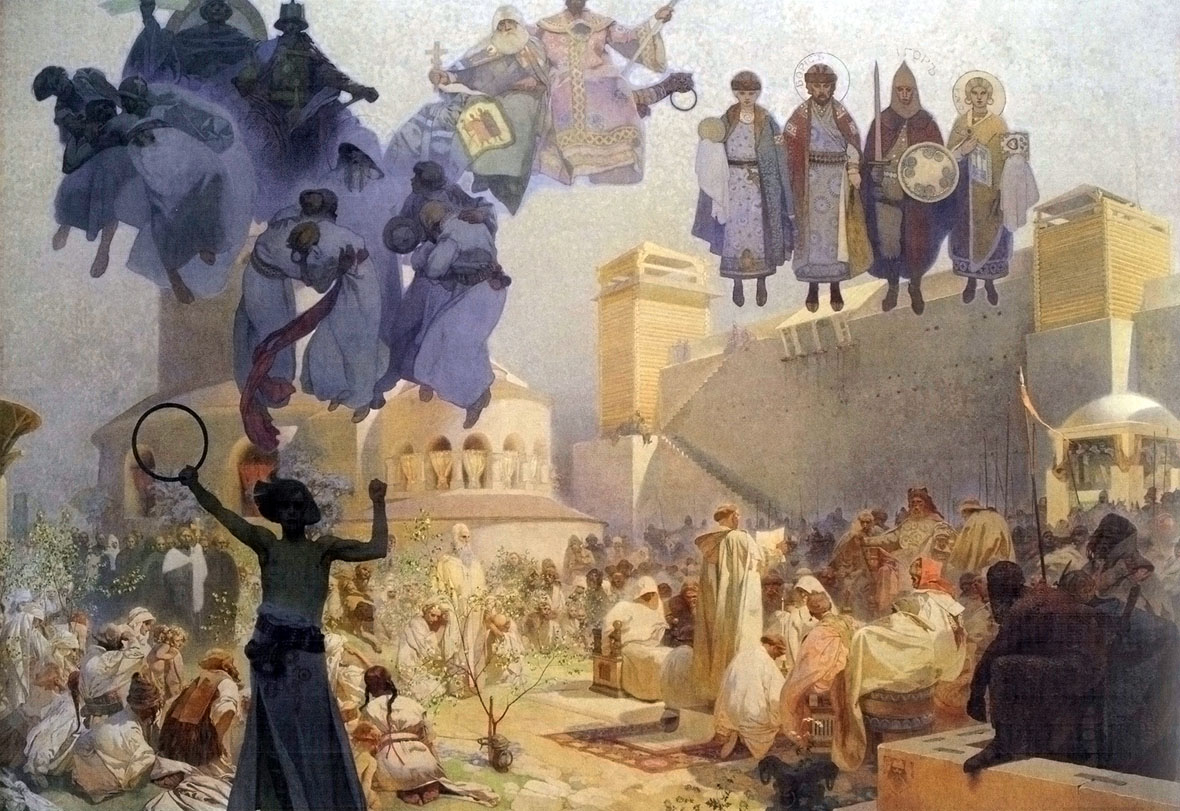 Alfons Mucha 1860 - 1939, 'Slav Epic' 1910 - 1928:
3 'The Introduction of the Slavonic Liturgy' - 'Praise the Lord in Your Native Tongue' 1912.
Egg tempera and oil on canvas, 610 x 810 cm, unsigned.
National Gallery Prague, Jklamo 2011 commons.wikimedia