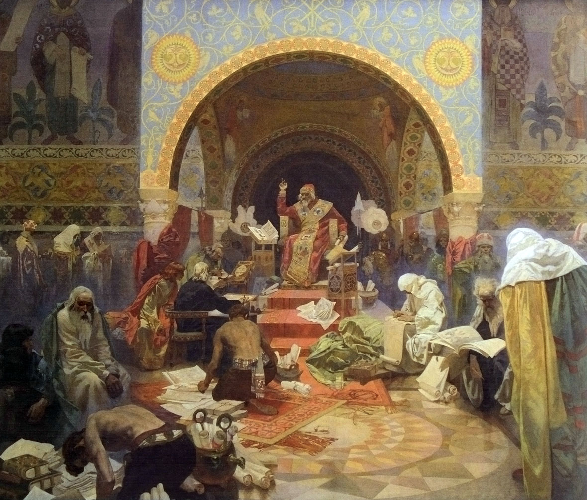 Alfons Mucha 1860 - 1939, 'Slav Epic' 1910 - 1928:
4 'Tsar Simeon I of Bulgaria' - 'The Morning Star of Slavonic Literature' 1923.
Egg tempera and oil on canvas, 405 x 480 cm, unsigned.
National Gallery Prague, Jklamo 2011 commons.wikimedia