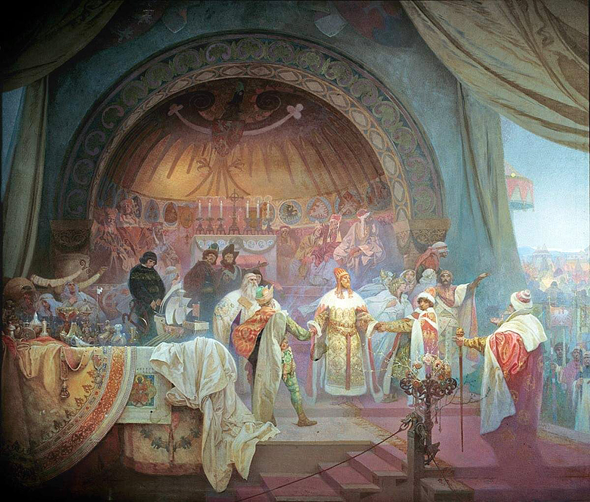 Alfons Mucha 1860 - 1939, 'Slawisches Epos' 1910 - 1928:
5 'König Ottokar II. von Böhmen' - 'Die Union der slawischen Dynastien' 1924.
Eitempera und Öl auf Leinwand, 405 x 480 cm, unsigniert.
Nationalgalerie Prag, Rezonansowy 2013 commons.wikimedia