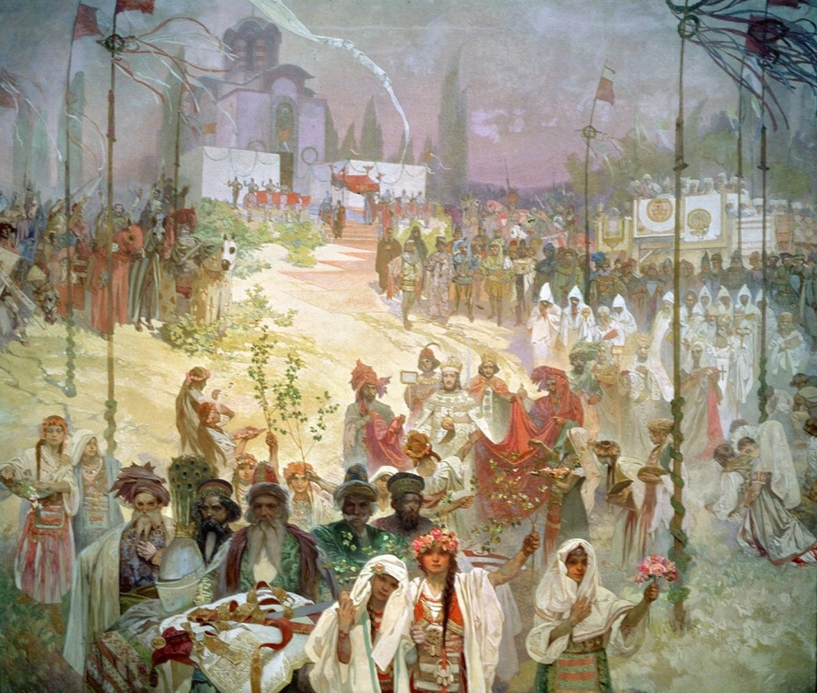 Alfons Mucha 1860 - 1939, 'Slav Epic' 1910 - 1928:
6 'The Coronation of the Serbian Tsar Stefan Uroš Dušan as East Roman Emperor' - 
'The Slavic Code of Law' 1923.
Egg tempera and oil on canvas, 405 x 480 cm, unsigned.
National Gallery Prague, Zoupan 2012 commons.wikimedia