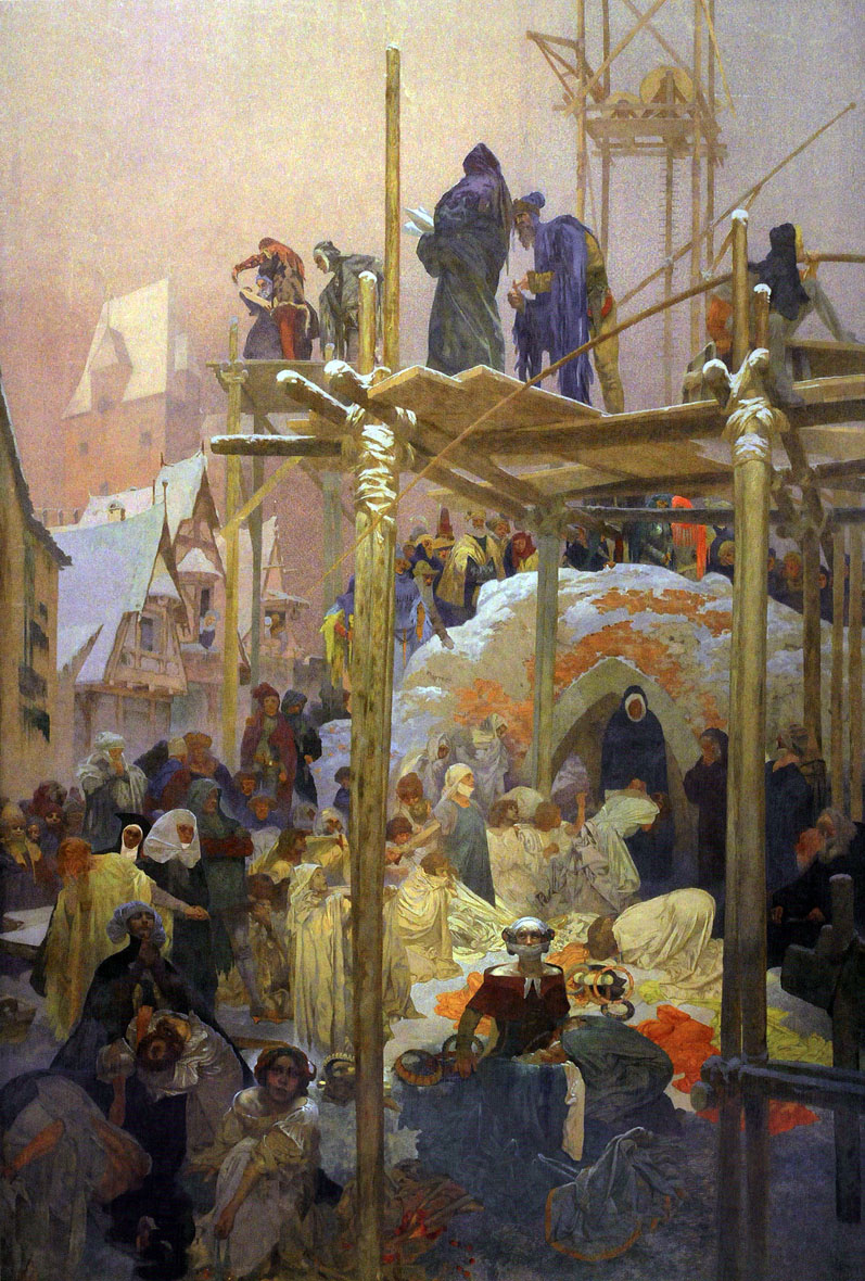 Alfons Mucha 1860 - 1939, Slavisch Epos 1910 - 1928
7 Jan Milíč van Kroměříž - Een Bordeel verandert in een klooster 1916
De magie van woorden 1  
Eitempera en olieverf op doek, 620 x 405 cm, ongetekend
Nationale Galerie Praag, Jklamo 2011 commons.wikimedia