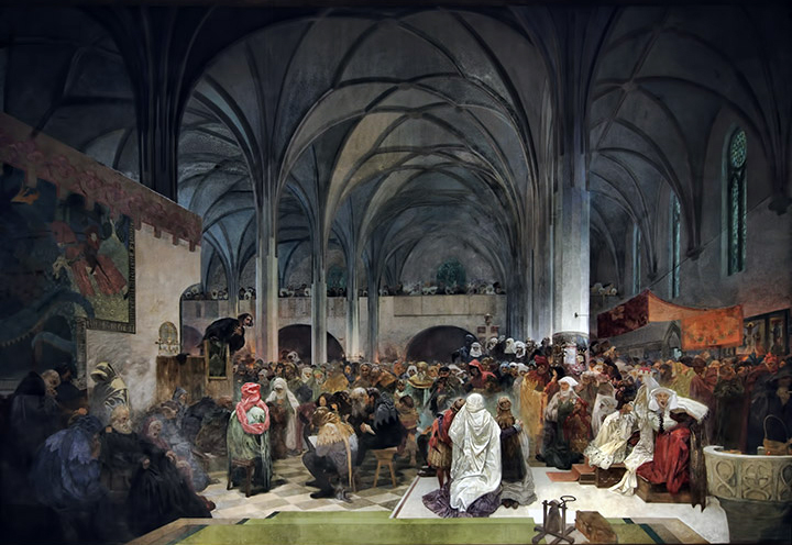 Alfons Mucha 1860 - 1939, 'Slawisches Epos' 1910 - 1928:
8 'Meister Jan Hus predigt in der Bethlehemskapelle' - 'Wahrheit triumphiert' 1916.
Triptychon 'Die Magie der Worte' 2. 
Eitempera und Öl auf Leinwand, 610 x 810 cm, unsigniert.
Nationalgalerie Prag, Jklamo 2012 commons.wikimedia