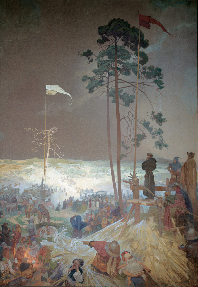 Alfons Mucha 1860 - 1939, Slavisch Epos 1910 - 1928
11 Na de Slag op de berg Vítkov - God vertegenwoordigt waarheid, niet macht 1923 
Eitempera en olieverf op doek, 405 x 480 cm, ongetekend

Nationale Galerie Praag, ghmp.cz, Atillak 2011 commons.wikimedia