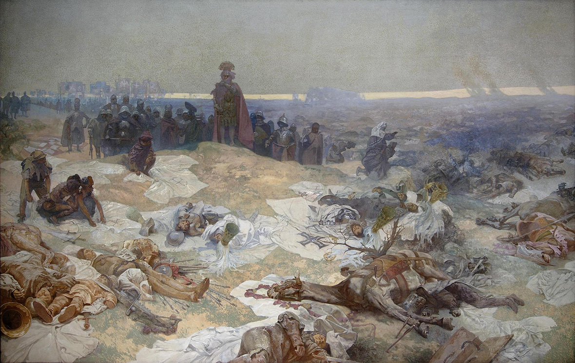 Alfons Mucha 1860 - 1939, 'Slawisches Epos' 1910 - 1928:
10 'Nach der Schlacht bei Tannenberg' - 'Die Solidarität der nördlichen Slawen' 1924.
Eitempera und Öl auf Leinwand, 405 x 610 cm, unsigniert.
Nationalgalerie Prag, Rezonansowy 2013 commons.wikimedia