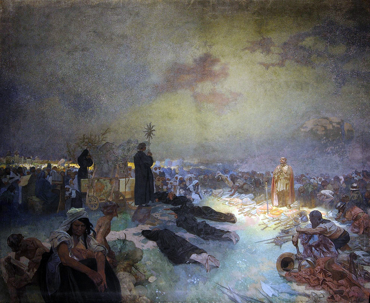 Alfons Mucha 1860 - 1939, 'Slav Epic' 1910 - 1928:
11 'After the Battle of Vítkov Hill' - 'God Represents Truth, Not Power' 1923.
Egg tempera and oil on canvas, 405 x 480 cm, unsigned.
National Gallery Prague, ghmp.cz, Atillak 2011 commons.wikimedia