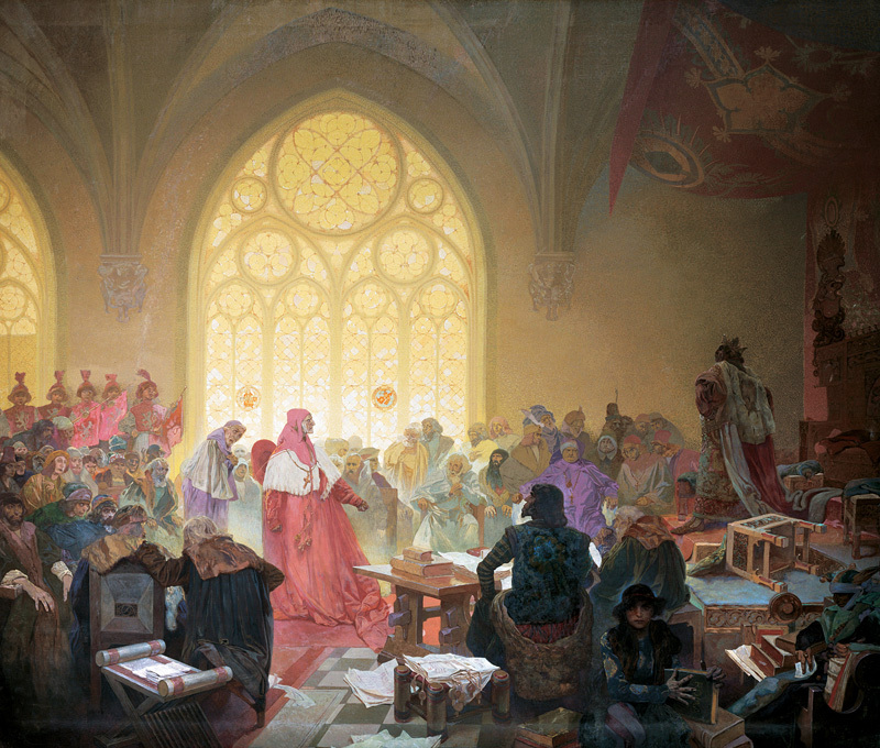 Alfons Mucha 1860 - 1939, 'Slawisches Epos' 1910 - 1928:
13 'Der Hussitenkönig Georg von Podiebrad' - 'Verträge sind einzuhalten' 1923.
Eitempera und Öl auf Leinwand, 405 x 610 cm, unsigniert.
Nationalgalerie Prag, Lad.Raj 2013 commons.wikimedia