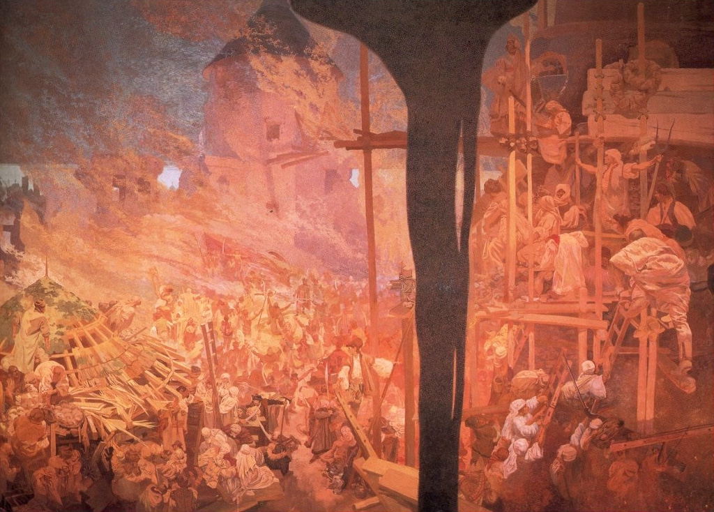 Alfons Mucha 1860 - 1939, 'Slav Epic' 1910 - 1928:
14 'The Defence of Szigetvár by Niko-la Zrinski' - 'The Shield of Christendom' 1914.
Egg tempera and oil on canvas, 610 x 810 cm, unsigned.
National Gallery Prague, Ras67 2011 commons.wikimedia