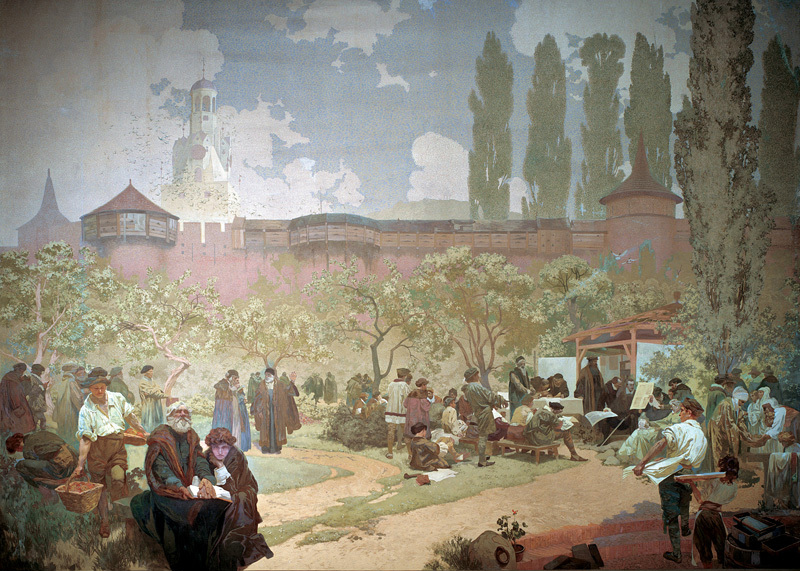 Alfons Mucha 1860 - 1939, Slavisch Epos 1910 - 1928
15 De Broederschool in Ivančice - 
De druk van de Bijbel van Kralice in Ivančice - God gaf ons een geschenk van Taal 1914 
Eitempera en olieverf op doek, 610 x 810 cm, ongetekend 
Nationale Galerie Praag, Lad.Raj 2013 commons.wikimedia