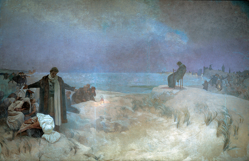 Alfons Mucha 1860 - 1939, 'Slawisches Epos' 1910 - 1928:
16 'Johann Amos Comenius' - 'Letzte Tage in Naarden; Ein Hoffnungsschimmer' 1918.
Eitempera und Öl auf Leinwand, 405 x 620 cm, signiert links unten im Eck.
Nationalgalerie Prag, Lad.Raj 2013 commons.wikimedia