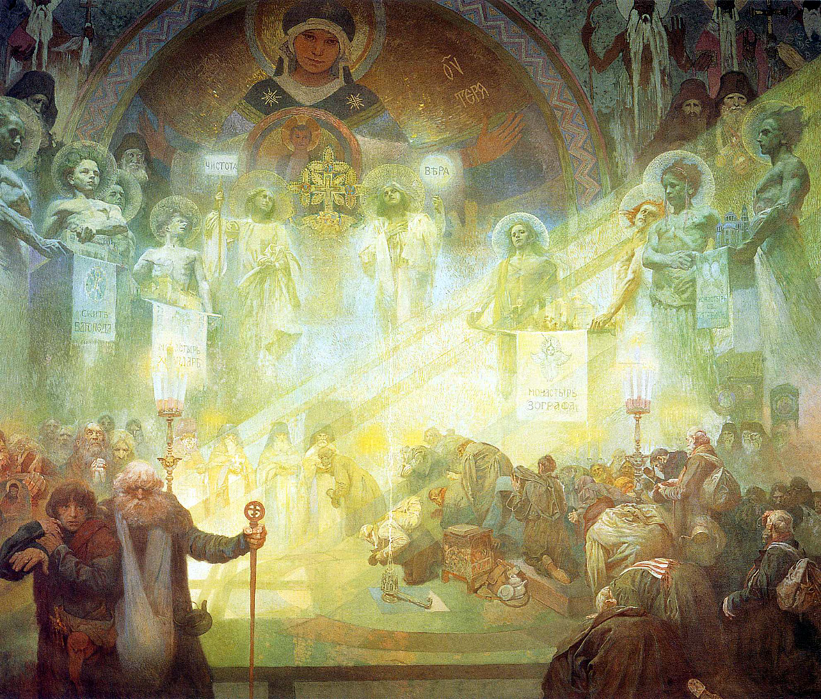 Alfons Mucha 1860 - 1939, 'Slav Epic' 1910 - 1928:
18 'Mount Athos' - 'Sheltering the Oldest Orthodox Literary Treasures' 1926.
Egg tempera and oil on canvas, 405 x 480 cm, unsigned.
National Gallery Prague, Testus 2009 commons.wikimedia