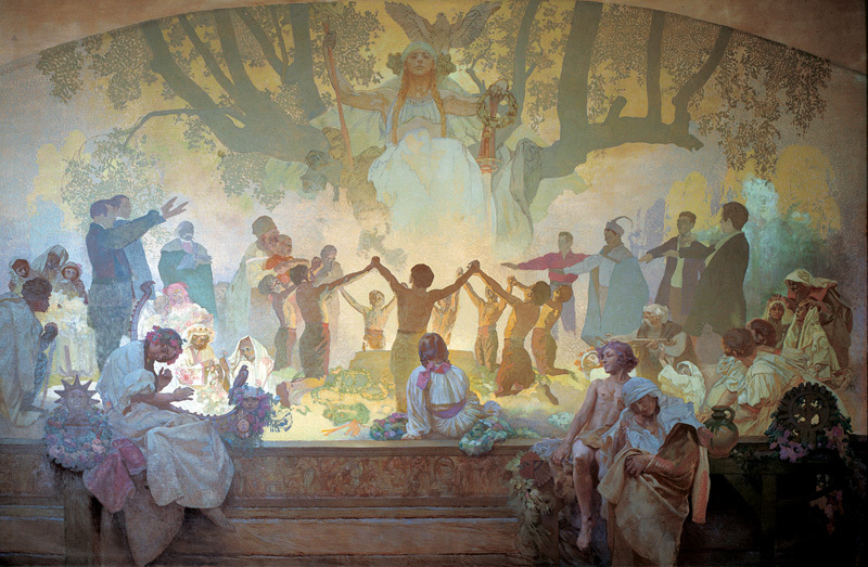 Alfons Mucha 1860 - 1939, 'Slawisches Epos' 1910 - 1928:
19 'Der Eid der Jugend unter der Slawischen Linde' - 'Die Slawische Erneuerung' Jahr.
Eitempera und Öl auf Leinwand, 390 x 590 cm, unvollendet und unsigniert.
Nationalgalerie Prag, Lad.Raj 2013 commons.wikimedia