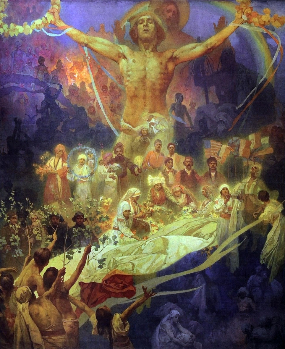 Alfons Mucha 1860 - 1939, 'Slav Epic' 1910 - 1928:
20 'Apotheosis of the Slavs' - 'Slavs for Humanity!' 1926.
Egg tempera and oil on canvas, 480 x 405 cm, unsigned.
National Gallery Prague, Rezonansowy 2013 commons.wikimedia