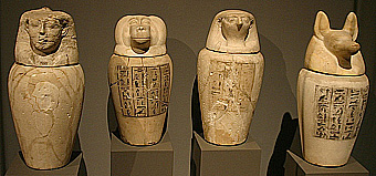 De vier zonen van Horus, v. l. n. r.:
Amset, Hapy, Kebehsenoef, Doeamoetef.
Canopen, kruiken voor ingewanden van farao.
Graf van Iti. 19e Dynastie, ca. 1200 v. Chr.
Kalksteen, Egyptisch Museum, Berlijn
Nina-no 2006 commons.wikimedia De vier zonen van Horus, v. l. n. r.:
Amset, Hapy, Kebehsenoef, Doeamoetef.
Canopen, kruiken voor ingewanden van farao.
Graf van Iti. 19e Dynastie, ca. 1200 v. Chr.
Kalksteen, Egyptisch Museum, Berlijn
Nina-no 2006 commons.wikimedia
