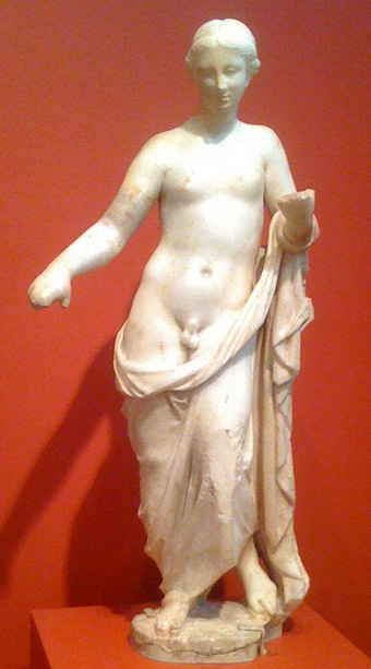 Hermaphroditus, ca. 200 - 150 v. Chr.
Wit marmer, Grieks Hellenistisch, Rhodos
‘Naakt god met mantel.
De mannelijke genitaliën contrasteren het vrouwelijke lichaam en meisjesgezicht.
Het figuur leunt tegen een zuil en hield ooit een wijnkruik en offerschaal.
Lenigheid en sensualiteit typeerden de Rococofase van de late Hellenistische periode.
Een groter exemplaar vond men in Pergamon, Turkije.
Zulke beelden waren geen wellustige curiositeiten maar objecten van oprechte toewijding.
Zij representerend de ambivalente menselijke natuur en het verlangen naar eenheid.’
Lala love 2011 wikimedia.org Hermaphroditus, ca. 200 - 150 v. Chr.
Wit marmer, Grieks Hellenistisch, Rhodos
‘Naakt god met mantel.
De mannelijke genitaliën contrasteren het vrouwelijke lichaam en meisjesgezicht.
Het figuur leunt tegen een zuil en hield ooit een wijnkruik en offerschaal.
Lenigheid en sensualiteit typeerden de Rococofase van de late Hellenistische periode.
Een groter exemplaar vond men in Pergamon, Turkije.
Zulke beelden waren geen wellustige curiositeiten maar objecten van oprechte toewijding.
Zij representerend de ambivalente menselijke natuur en het verlangen naar eenheid.’
Lala love 2011 wikimedia.org