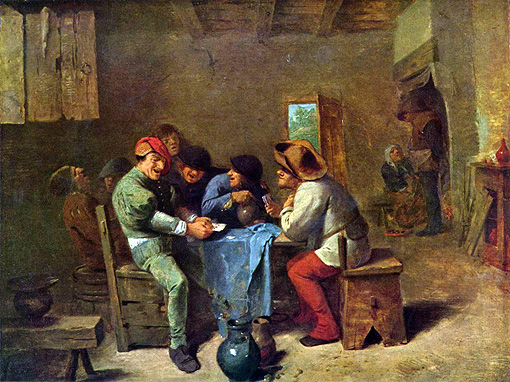 Adriaen Brouwer 1606 - 1638
‘Kaartende boeren in kroeg,’ ca. 1635
Olie op doek, 33 × 43 cm
Alte Pinakothek, München
Eloquence 2005 commons.wikimedia