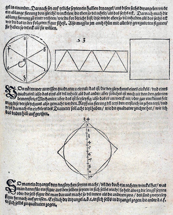 Albrecht Dürer 1471 – 1528
<i>Kwadratuur van de cirkel, benadering 
Uit: ‘Underweysung der Messung...’, 1525
SOP 2007 commons.wikimedia