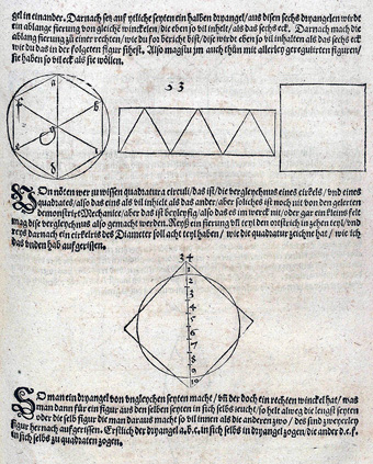 Albrecht Dürer 1471 – 1528
<i>Kwadratuur van de cirkel, benadering
Uit: ‘Underweysung der Messung...’, 1525
SOP 2007 commons.wikimedia Albrecht Dürer 1471 – 1528
<i>Kwadratuur van de cirkel, benadering
Uit: ‘Underweysung der Messung...’, 1525
SOP 2007 commons.wikimedia