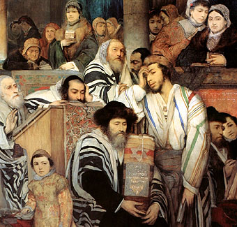 Maurycy Gottlieb 1856–1879
'Chassidisch gebed op Jom Kippoer' 1878
olie op doek, 245 × 192 cm, Tel Aviv
grendelkhan 2005 commons.wikimedia
