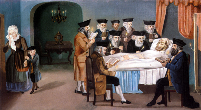 Leden van de Praagse Begrafenisvereniging, ‘Chevra Kaddisha’ 
bidden aan het bed van een stervende man. Omstreeks 1772 
Praag, Joods museum. Buchhändler 2007 commons.wikimedia