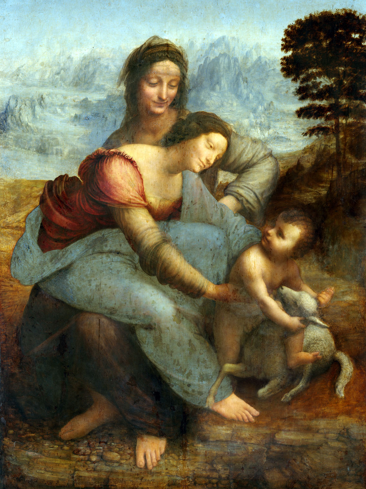 Leonardo da Vinci 1452–1519
‘De Maagd en het Kind met St. Anne’, 1500 - 1513
Olie op populierenhout, 168 x 130 cm
De symbolische scene toont het kind Jezus, zijn moeder Maria en
zijn grootmoeder Anna, die voor zijn geboorte was overleden.
Leonardo begon in 1500 in Florence over dit onderwerp te medite-
ren; onder meer over de getallen één, twee, drie en viier. Hij begon 
het tafereel in 1503, maar liet het onvoltooid achter.
Louvre, Parijs. Dcoetzee 2011 commons.wikimedia