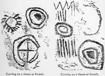 Sketch of stone carvings from Dowth
Wakeman's handbook of Irish antiquities,
1903, p. 95. Bkwillwm 2010 wikipedia.com Sketch of stone carvings from Dowth
Wakeman's handbook of Irish antiquities,
1903, p. 95. Bkwillwm 2010 wikipedia.com