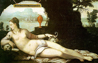 Jean Cousin the Elder, 1500 - 1593
Eva Prima Pandora 
Eva als eerste Pandora, omstreeks 1550 
Olie op paneel, 97 × 150 cm, Louvre 
Cancre 2008 wikimedia.org