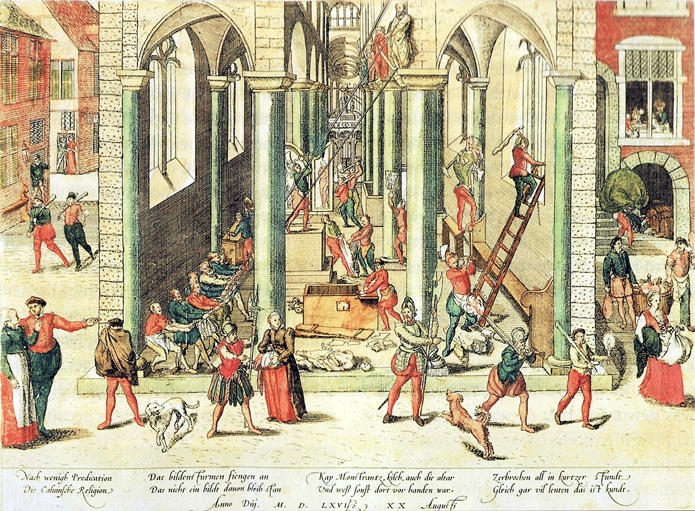 Frans Hogenberg 1540 - 1590. 
Calvinistische Beeldenstorm van 20 augustus 1566, Antwerpen:
‘Nach wenigh Predication / Die Calvinsche Religion
Das Bildensturmen fiengen an / Das nicht ein bild davon bleib stan
Kap Monstrantz, kilch, auch die altar / Und weß sonst dort vor handen war 
Zerbochen all in kurzer stundt / Gleich gar vil leuten das ist kundt.
Anno Dnj. M. D. LXVI, X X Augusts.’
Het sleutelmoment van de Beeldenstorm in 1566.
Toen in de Lage Landen een gewelddadige Beeldenstorm uitbrak werden binnen 
enkele weken ‘afgoden’ vernietigd, schilderijen, kerkdecoraties en hulpstukken. 
Aan het begin van de Reformatie traden soortgelijke episoden op.
Kunsthalle Hamburg. Geschiedeniswerkplaats Dynamiek en stagnatie. Noordhoff.
Richardprins 2011 wikimedia.org