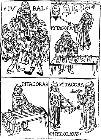 Franchino Gaffurio 1451- 1522
Houtsnede uit 'Theorica musicae' 1492
Pythagoras met klokken, glas harmonica, 
monochord en pijpen in Pythagorese stemming
Zupftom 2009 commons.wikimedia