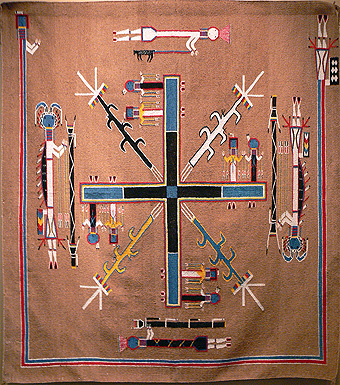 ‘Whirling Logs, part of the Night Chant’
Navajo tapijt na een zandschilderji, 1940
Tulsa, Oklahoma, Gilcrease Museum
JanManu 2012 commons.wikimedia ‘Whirling Logs, part of the Night Chant’
Navajo tapijt na een zandschilderji, 1940
Tulsa, Oklahoma, Gilcrease Museum
JanManu 2012 commons.wikimedia