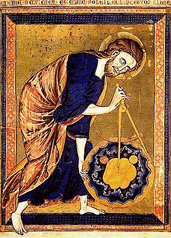 God, de architect van het universum
‘Ici crie Dex ciel et terre, soleil et lune et toz elemenz’ -
‘Hier creëert God hemel en aarde, zon en maan en de elementen’
Titelplaat ‘Bible Moralisee’, gotisch, ca. 1225
Anoniem, Frankrijk, Parijs of Champagne
Codex Vindobonensis 2554, Österreichische Nationalbibliothek
Wetenschap, vooral meetkunde, astronomie en astrologie,
was direct verbonden met het goddelijke.
De ronde mandala symboliseert, dat God het universum schiep
volgens geometrische en harmonische principes.
Deze principes zoeken betekende God zoeken en aanbidden. God, de architect van het universum
‘Ici crie Dex ciel et terre, soleil et lune et toz elemenz’ -
‘Hier creëert God hemel en aarde, zon en maan en de elementen’
Titelplaat ‘Bible Moralisee’, gotisch, ca. 1225
Anoniem, Frankrijk, Parijs of Champagne
Codex Vindobonensis 2554, Österreichische Nationalbibliothek
Wetenschap, vooral meetkunde, astronomie en astrologie,
was direct verbonden met het goddelijke.
De ronde mandala symboliseert, dat God het universum schiep
volgens geometrische en harmonische principes.
Deze principes zoeken betekende God zoeken en aanbidden.