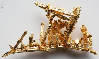 Synthetische goudkristallen vervaardigd
met het chemische chloorgas-transportproces.
Zuiverheid > 99,99%.
Scheikundig element Au (Latijns aurum) met het atoomnummer 79.
alchemist-hp 2009 commons.wikimedia Synthetische goudkristallen vervaardigd
met het chemische chloorgas-transportproces.
Zuiverheid > 99,99%.
Scheikundig element Au (Latijns aurum) met het atoomnummer 79.
alchemist-hp 2009 commons.wikimedia
