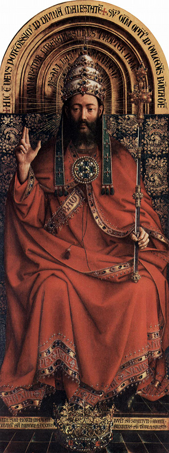 Hubert van Eyck, 1366 - 1426,
in opdracht van Joducus en Isabelle Vyd:
‘God de vader op de troon’ 1432.
Altaar van het Mystieke Lam, 
hoofdpaneel boven midden.
Olie op paneel, 212 × 83 cm,
Sint-Baafskathedraal, Gent.
Yorck Project Directmedia, 
Eloquence 2005 commons.wikimedia