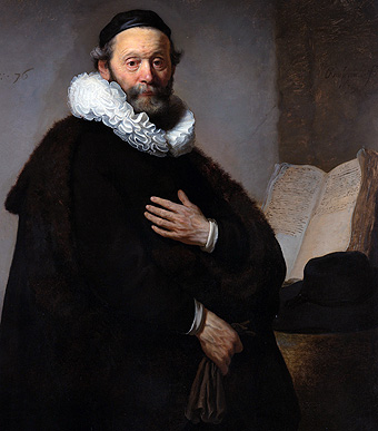 Rembrandt 1606 - 1669
'Johannes Wtenbogaert' 1557 - 1644
De Remonstrantse dominee stond in voor 
verscheidenheid in religieuze opvatting.  
Detail. Olie op doek, 130 x 103 cm, 1633
Rijksmuseum Amsterdam
Jan Arkesteijn 2012 commons.wikimedia